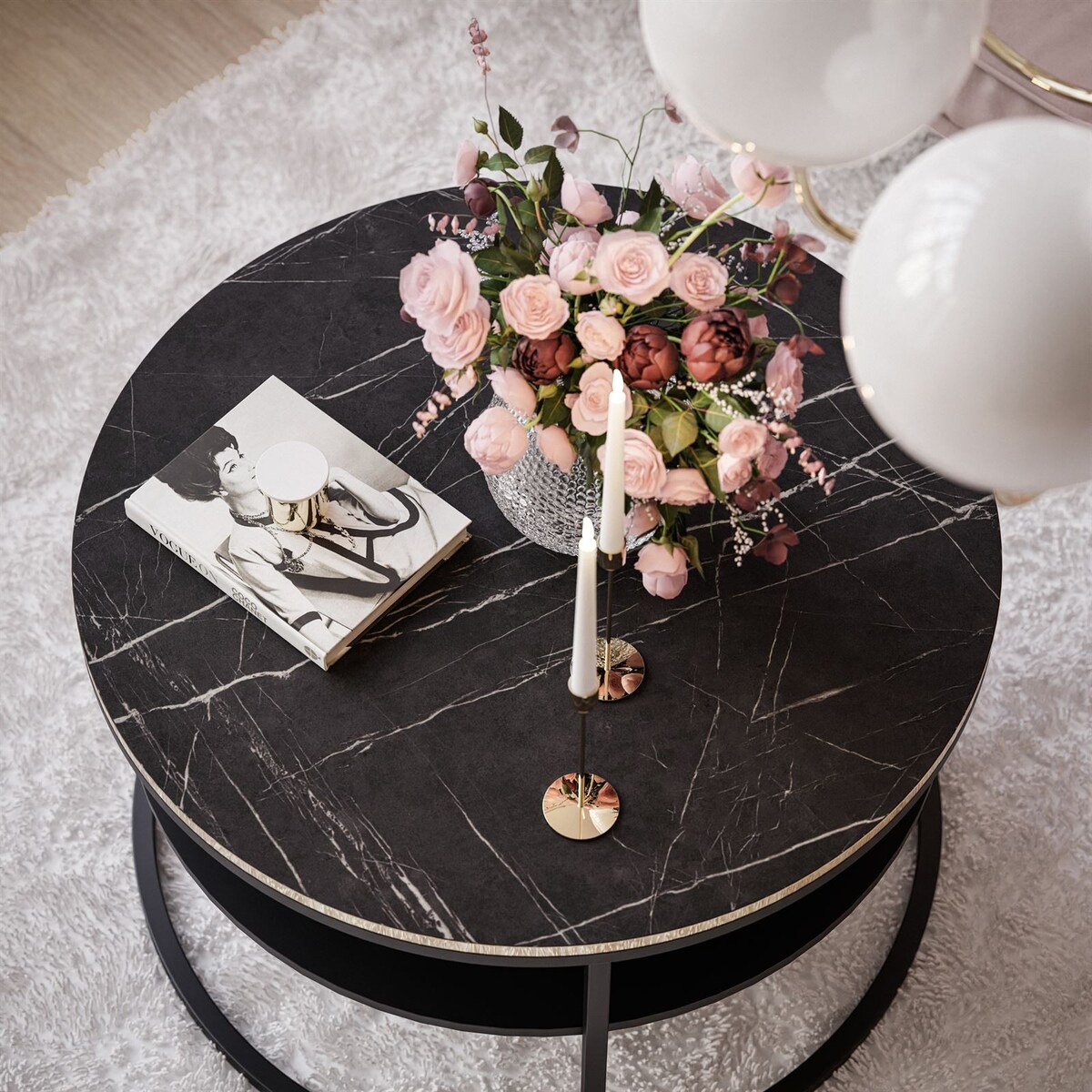 Okrągły stolik kawowy COREIL z półką czarny grigia pietra