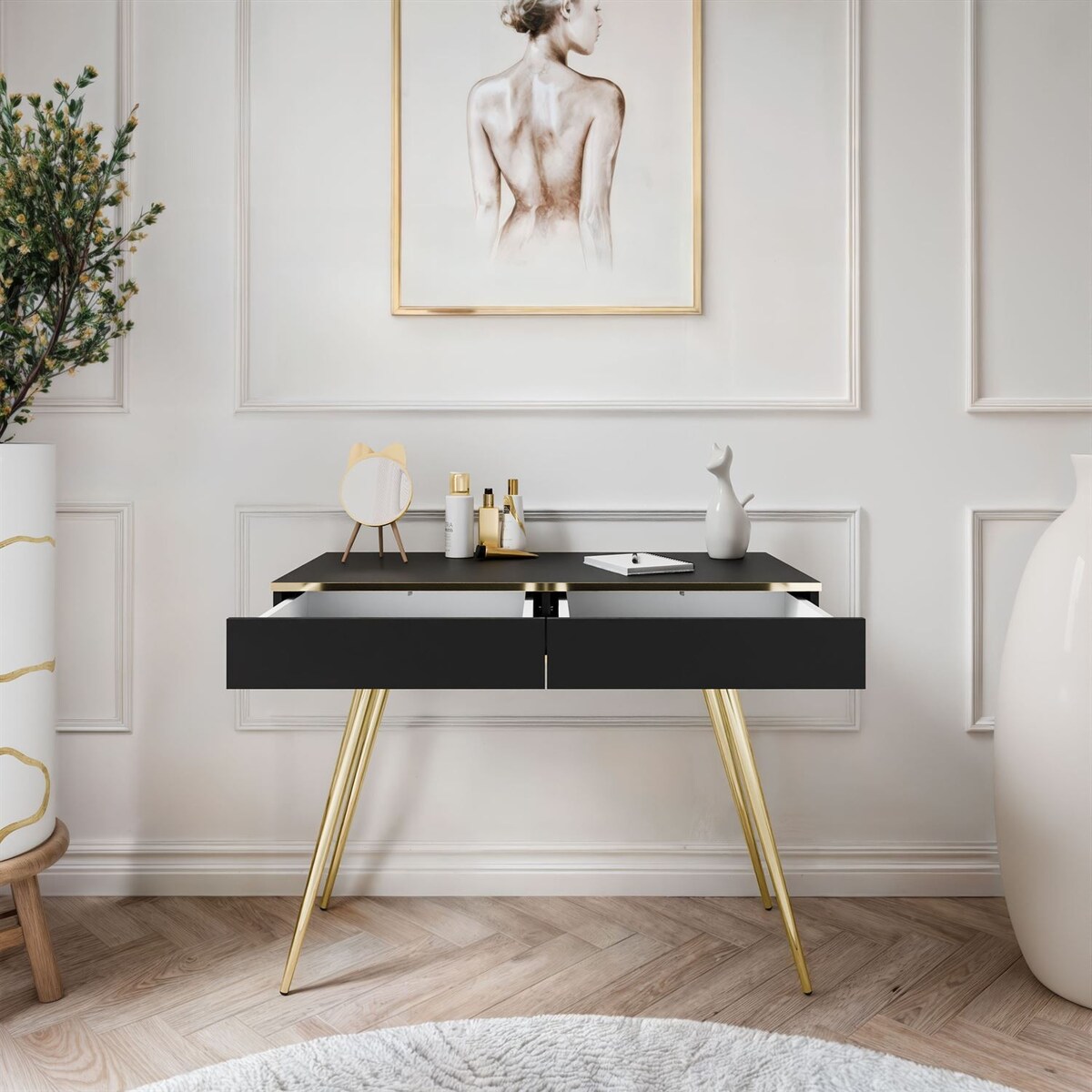 Konsola OXFORD z szufladami na złotym stelażu, czarny mat
