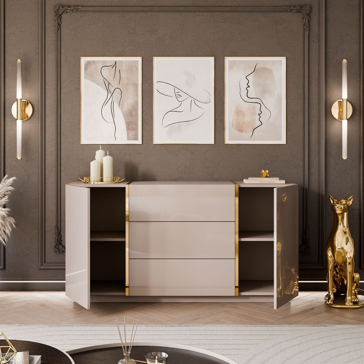 Komoda ONYX kaszmir połysk cokół 158 cm push to open