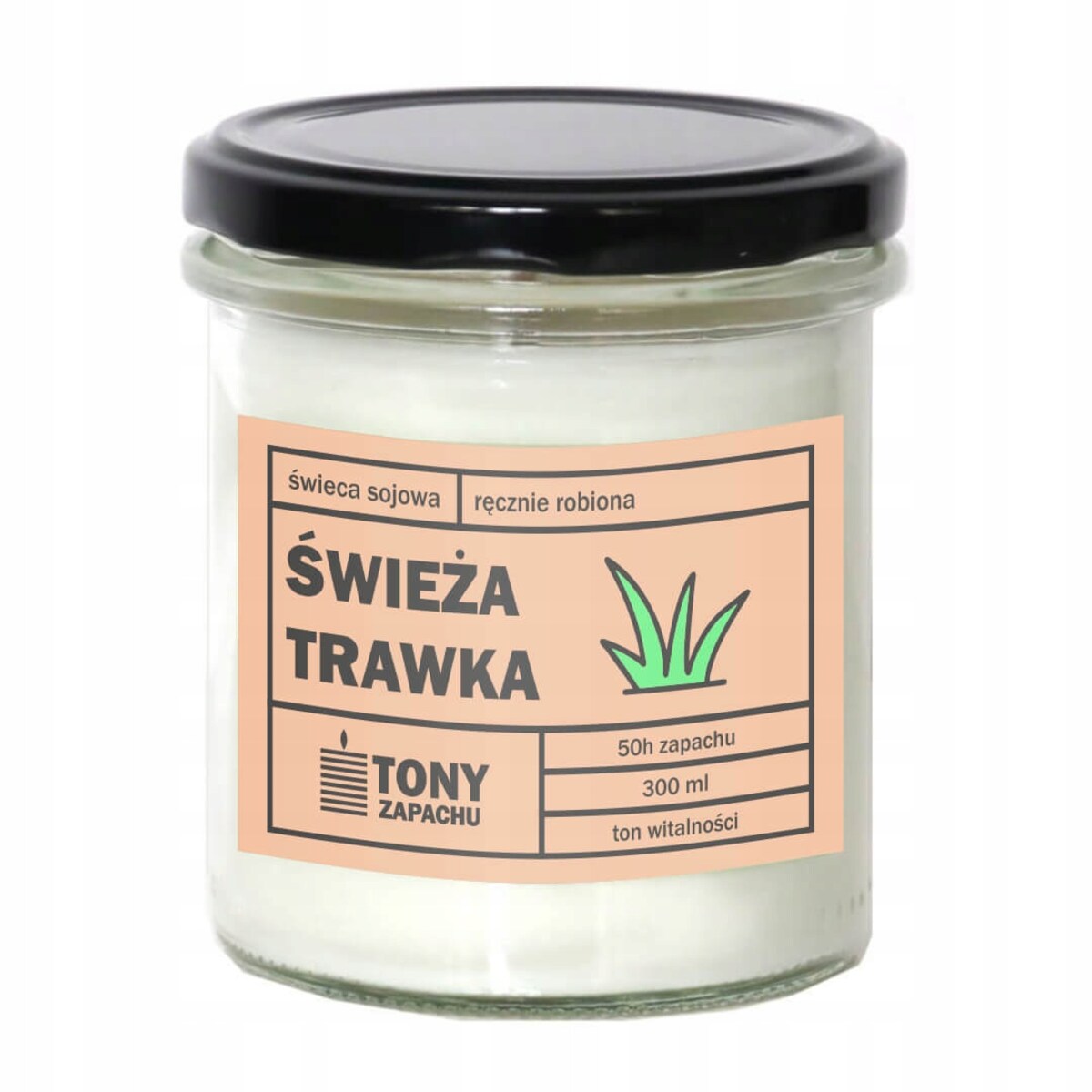 Naturalna ręcznie robiona świeca sojowa zapachowa w szkle ŚWIEŻA TRAWKA 50h palenia 300ml - prezent upominek dla kobiety mamy dziewczyny żony babci niej