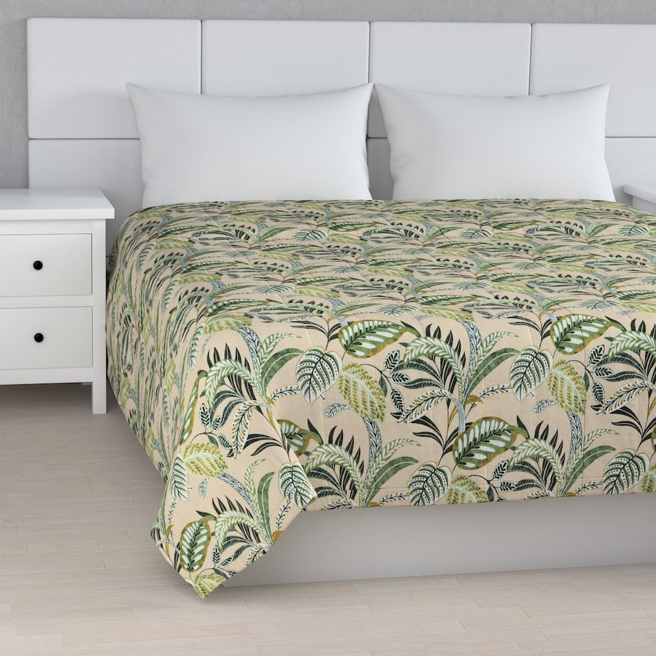 Narzuta pikowana w pasy 200x210 oliwkowo-zielone liście na lnianym tle