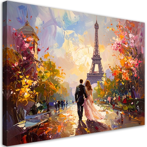 Obraz do salonu sypialni jadalni biura hotelu, Zakochana para na tle wieży Eiffla Paryż 60x40 cm