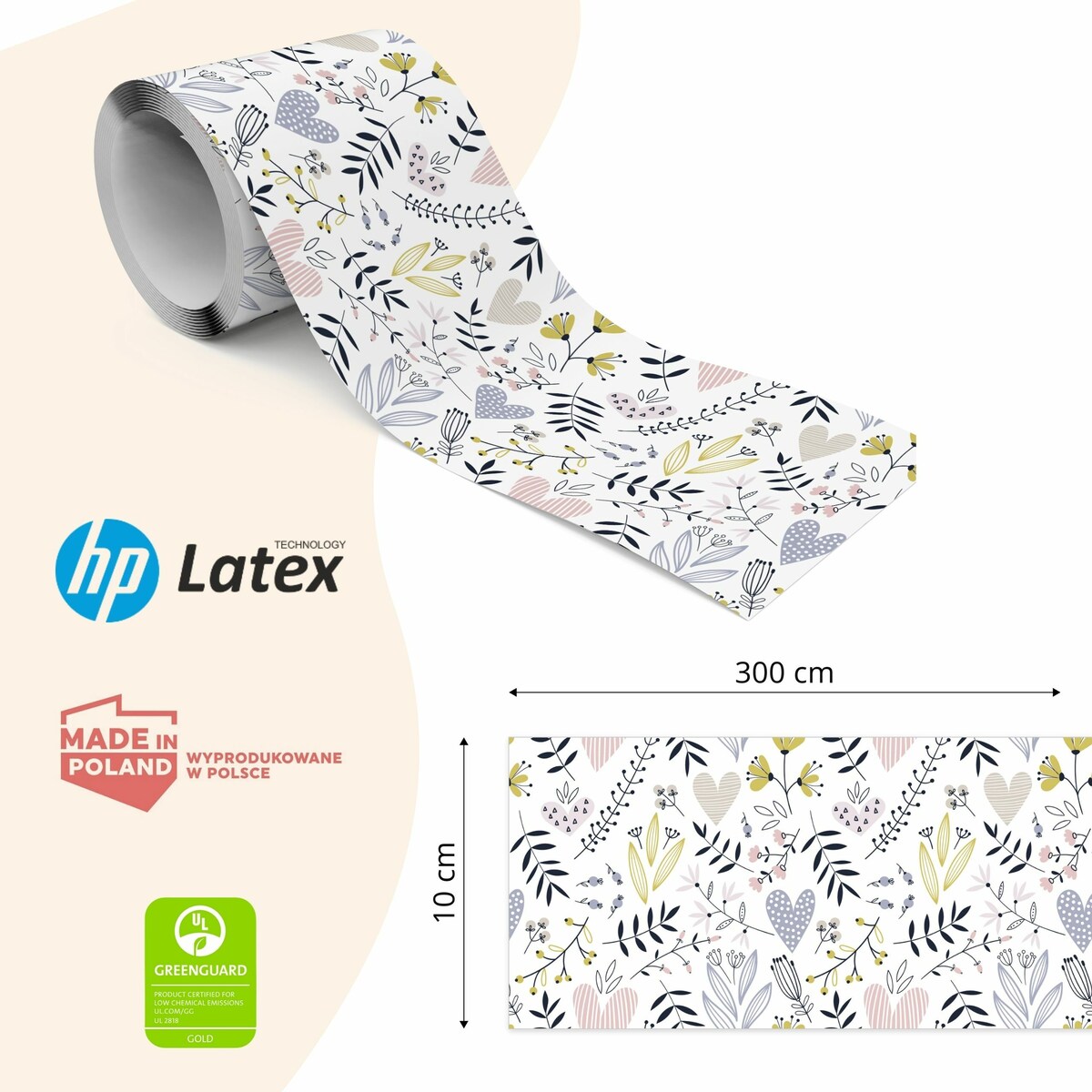 Pasek Dekoracyjny Bordiura Do Tapet LIŚCIE Kwiaty Serca Styl Skandynawski