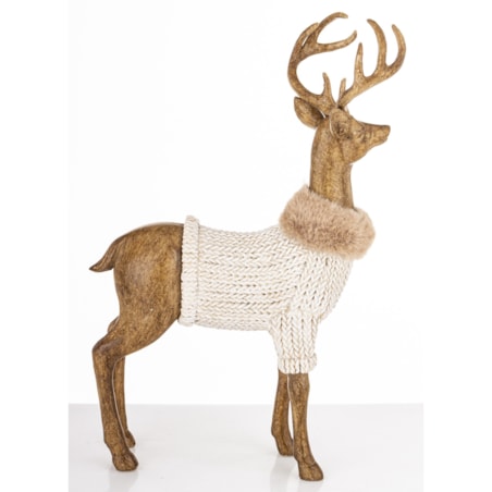 Figurka - stojący jeleń 30,5x19x9,5 cm HJORT brązowy w białym swetrze