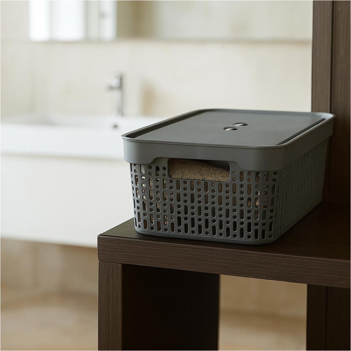 Koszyk Koszyczek Ażurowy L Plastikowy Na Kosmetyki Do Łazienki Pojemnik Z Pokrywką Zamykany Z Dziurkami Szary