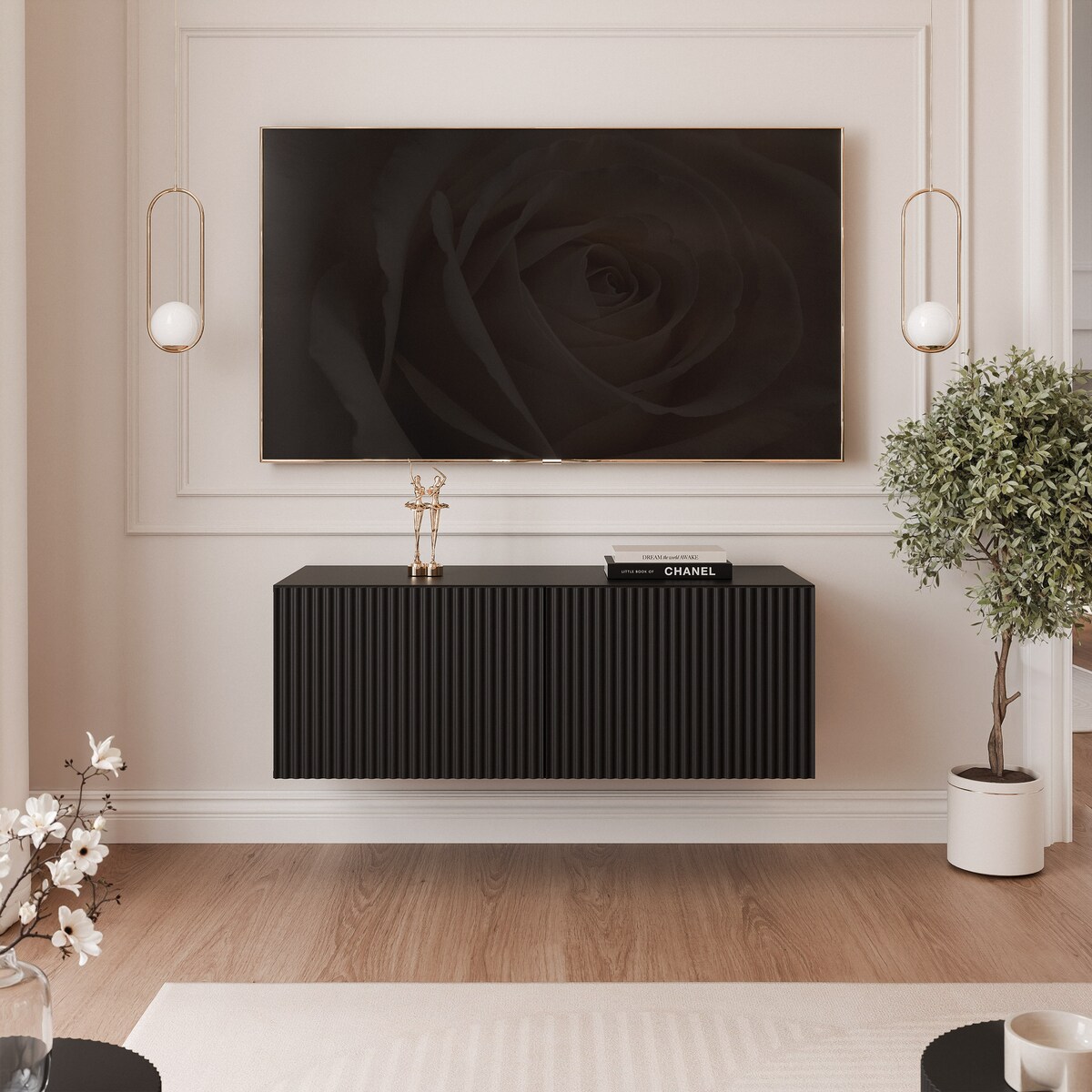 Szafka RTV wisząca CZARNA ANGEL ryflowana 100 cm z oświetleniem LED