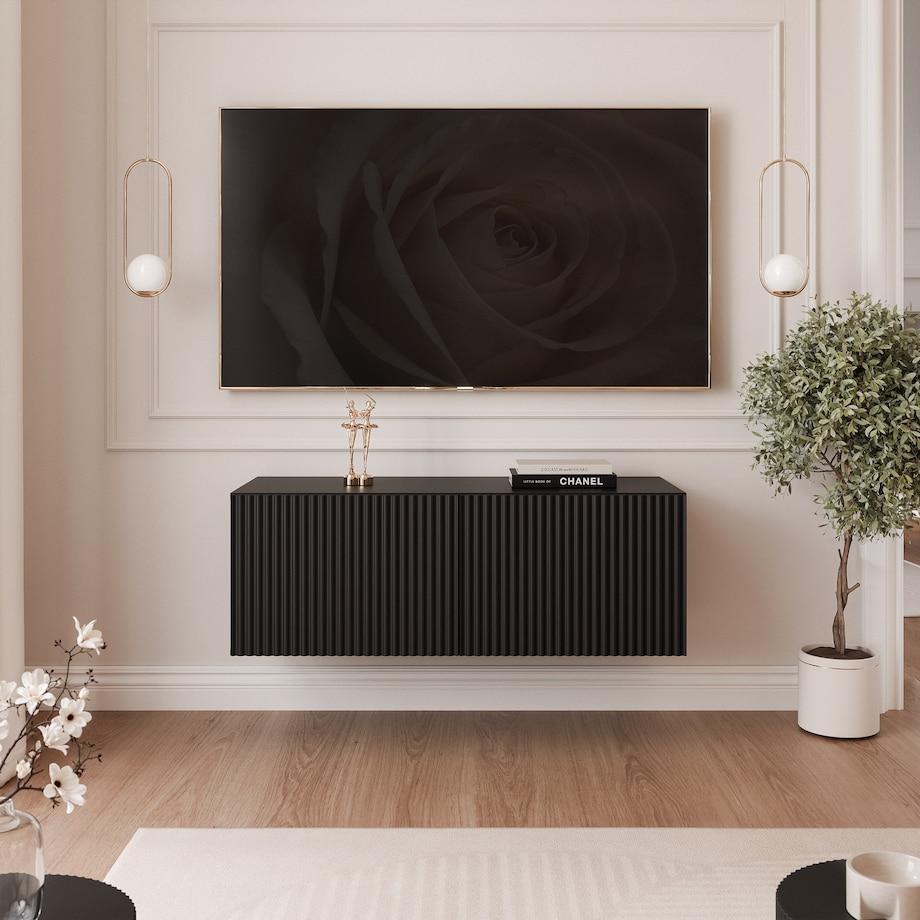 Szafka RTV wisząca CZARNA ANGEL ryflowana 100 cm z oświetleniem LED