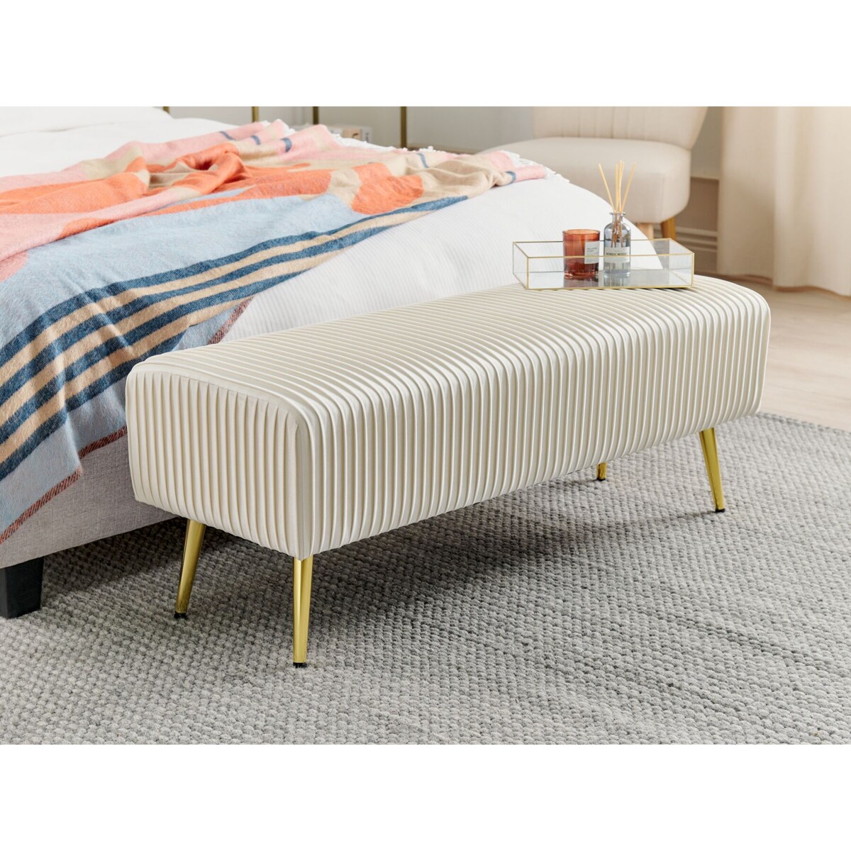 Ławka do sypialni welurowa kremowa PATERSON