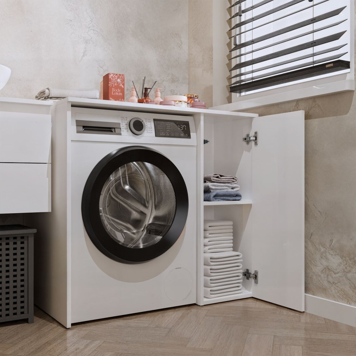 Szafka Na Pralkę Łazienkowa Z Drzwiami POLA NP 1D BIEL 2 Półki