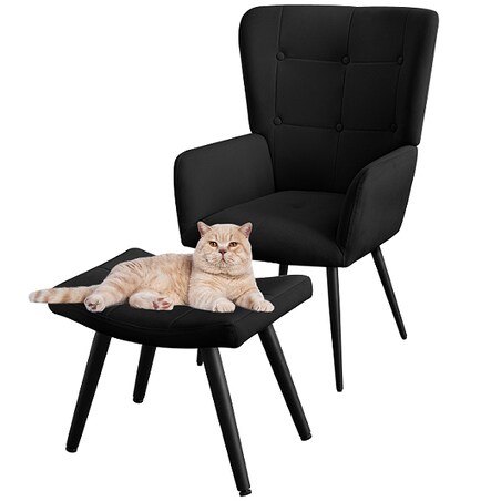 Fotel uszak z podnóżkiem do salonu wypoczynkowy welurowy tapicerowany czarny