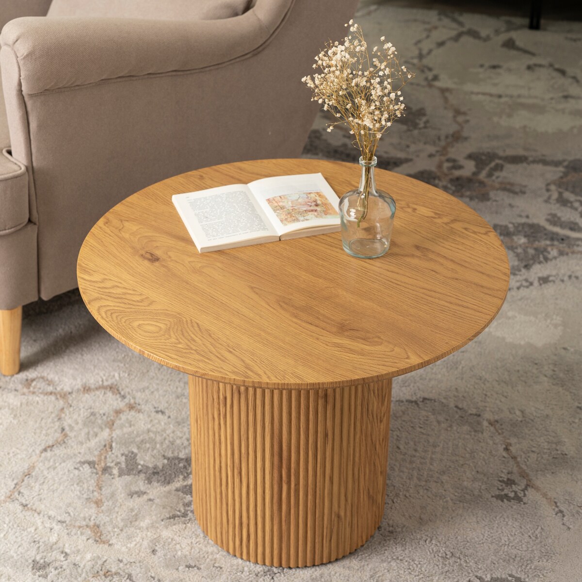 Stolik Kawowy Okrągły Mały Dąb Lamel Loft Nowoczesny Okrągła Ława MAYLIN