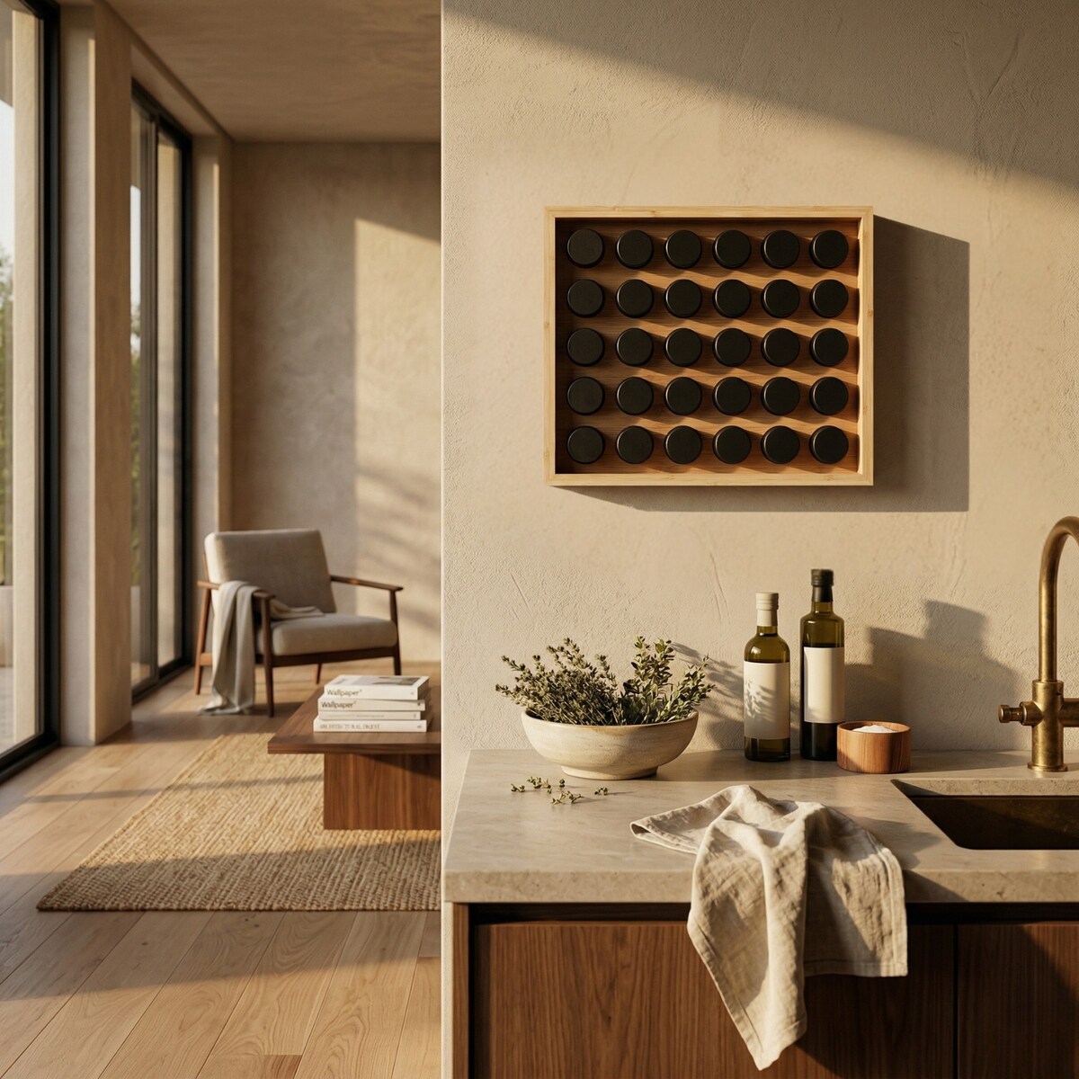 Bambusowy organizer na przyprawy PALETTE z montażem do ściany, 30 słoiczków Ø 4,5 x 9 cm