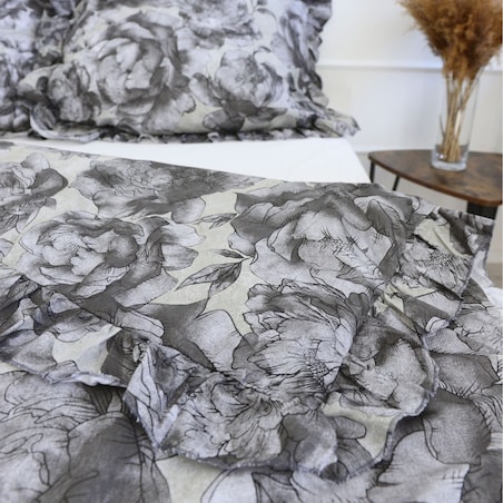 Pościel Bawełniana Z Falbanką Komplet Zestaw Do Sypialni 140X200 Cm Szare Kwiaty + Poduszka 70X80 Cm