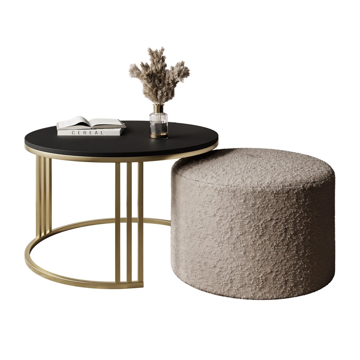 Stolik kawowy z pufą LORI MAT złoto szczotkowane, czarny mat / Coral 50