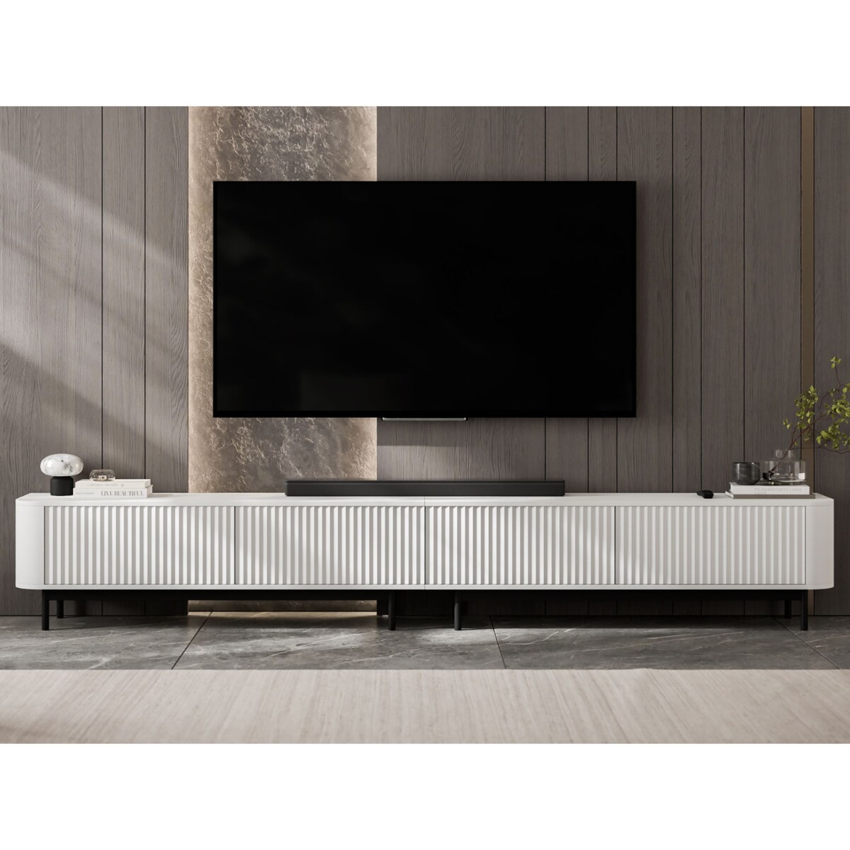 Szafka RTV Komoda RTV 280 cm Glamour Biały Mat Czarny Stelaż