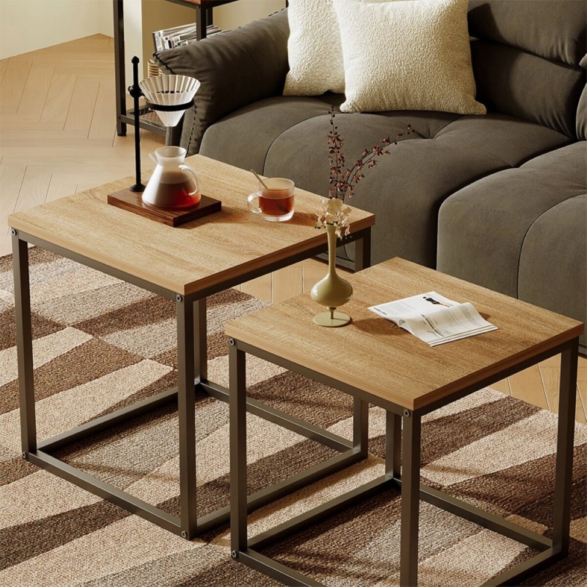 Stoliki kawowe 2w1 loft jasny brąz 50 cm czarny stelaż zestaw 2 sztuki