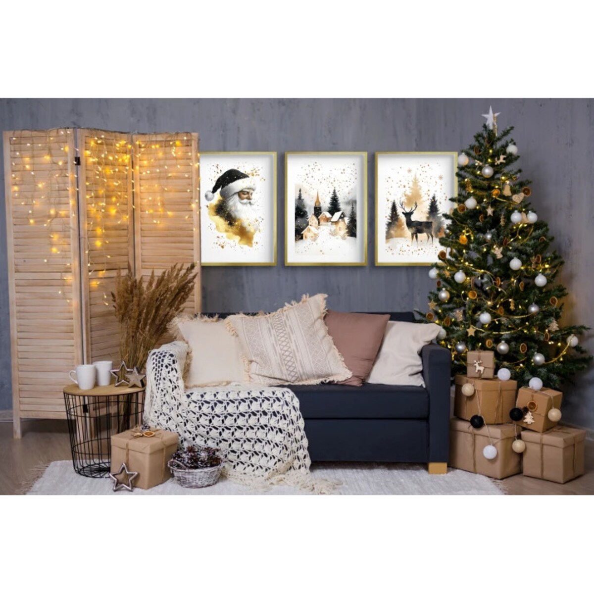 Plakaty na Święta Złote ramki Obrazy Świąteczne do pokoju salonu sypialni