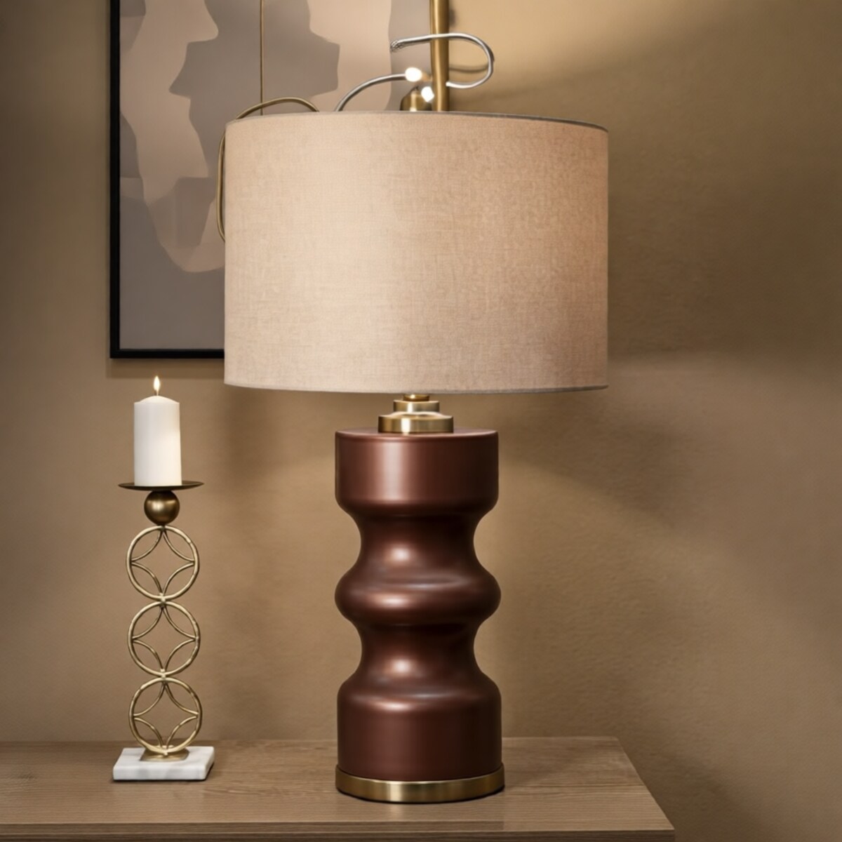 Lampa stołowa Rosenthal - H, kolor brązowy i złoty, szkło i żelazo, 40,5 x 40,5 x 69,5 cm, 1 x E27, styl glamour, do salonu i sypialni, Mauro Ferretti