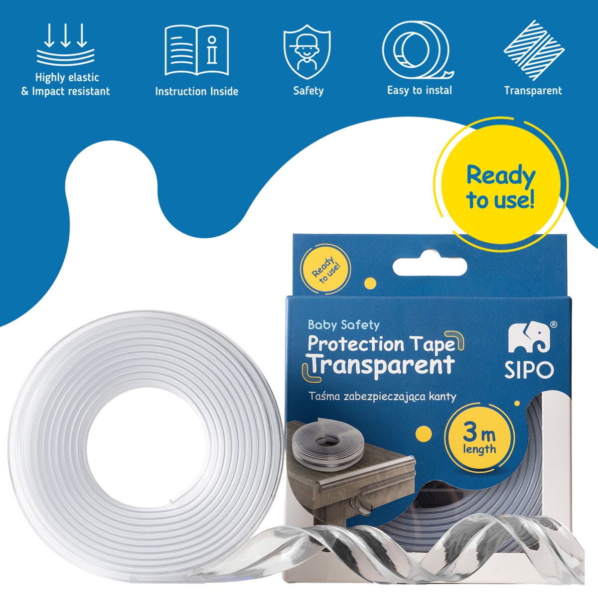 taśma silikonowa transparentna zabezpieczająca ostre krawędzie mebli, sipo, 3 metry