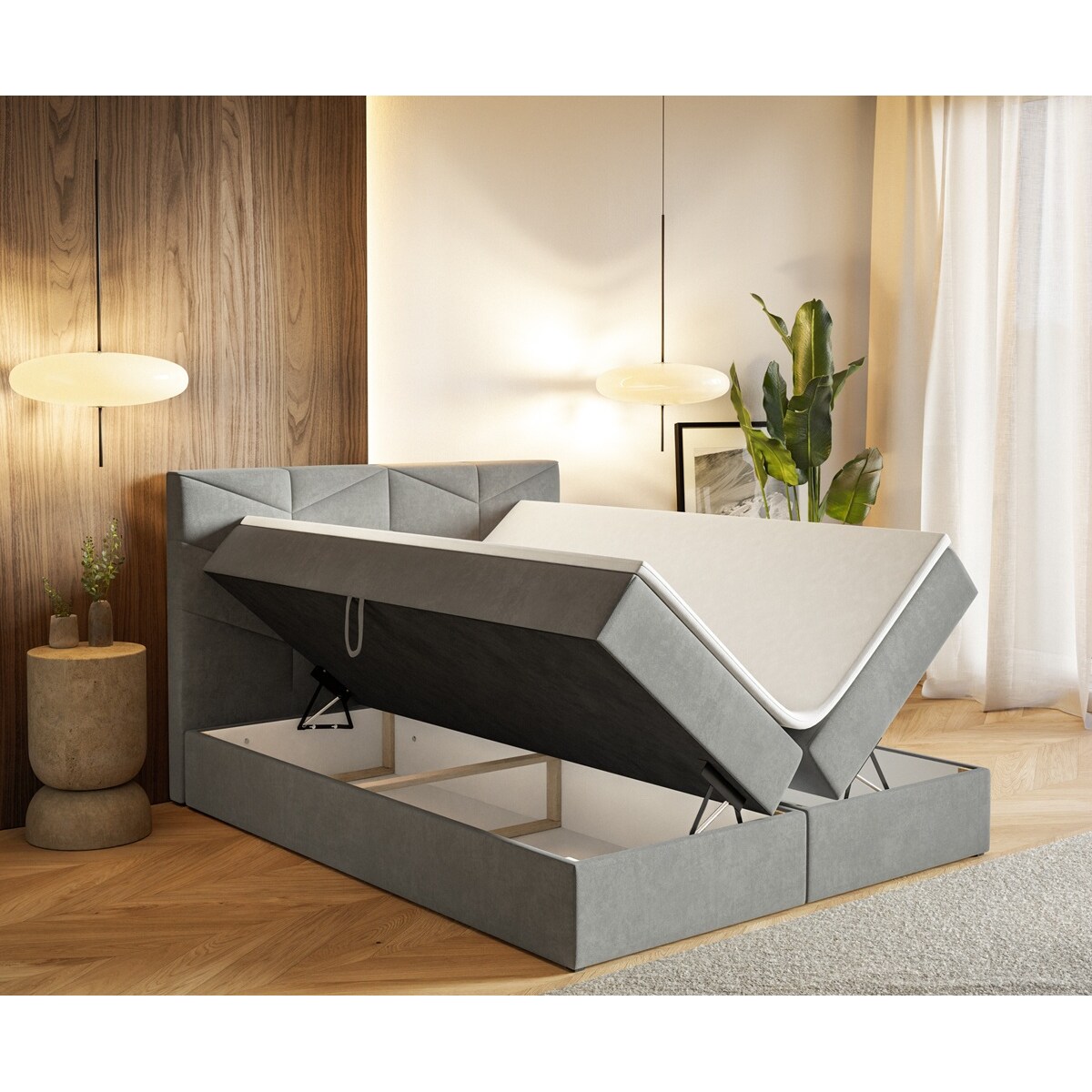 Łóżko kontynentalne G3 do sypialni 160x200 z pojemnikiem i materacem-szare