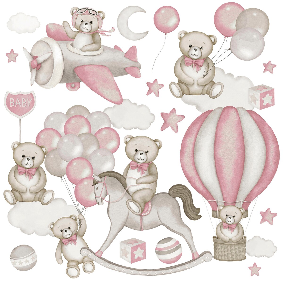 Naklejki Na Ścianę Misie Różowe Balony Koń Na Biegunach Chmury Zestaw 60x30cm