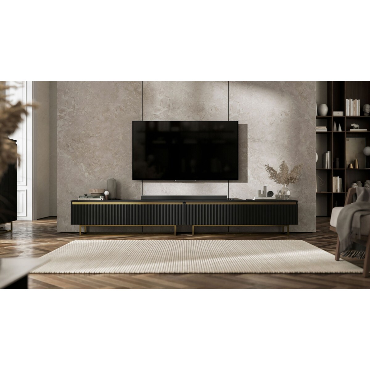 Nowoczesna Szafka RTV Glamour Komoda RTV Czarny Mat 280 cm złote akcenty