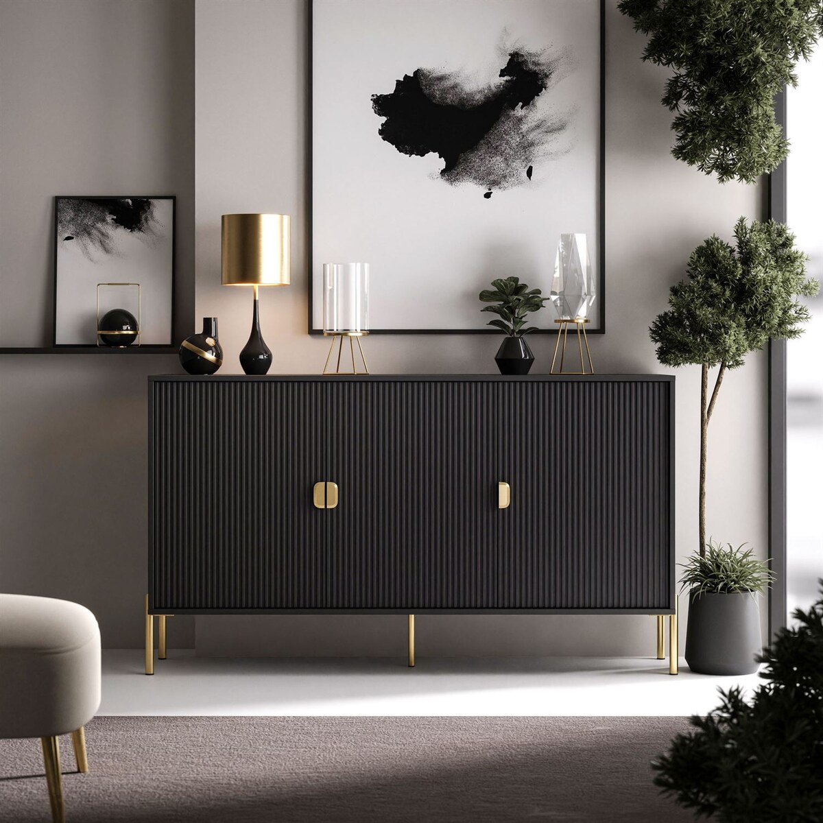 Komoda trzydrzwiowa DALIA 3D, czarna, nóżki złote