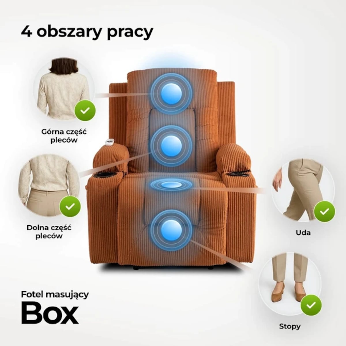 Fotel Masujący Rozkładany Wypoczynkowy z Podnóżkiem Sztruks Rudy BOX 2