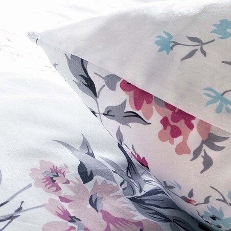 Pościel satyna bawełniana 200x220 Exclusive Gardenya biała w wiosenne różowe i niebieskie kwiaty