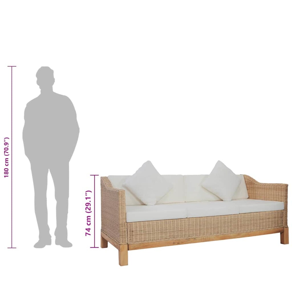 vidaXL 3-osobowa sofa z poduszkami, naturalny rattan