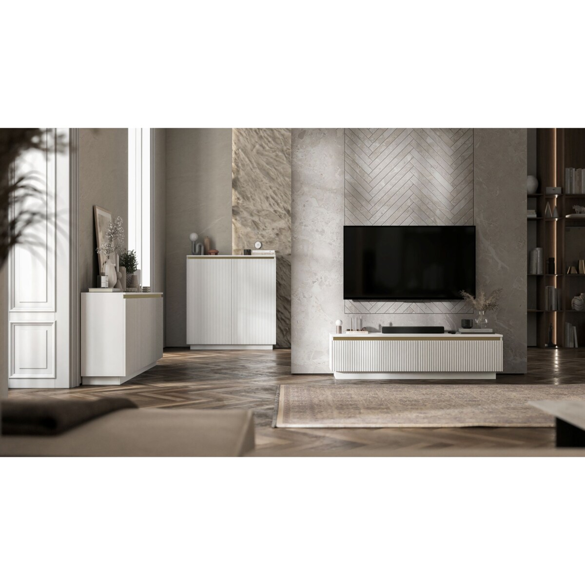 Nowoczesna Komoda Glamour Szafka RTV Biały MAT ryflowane fronty 110,8 cm