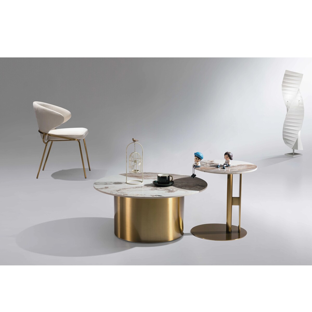 Zestaw złotych stolików kawowych Premium Florencis z kamiennym blatem marmurkowym