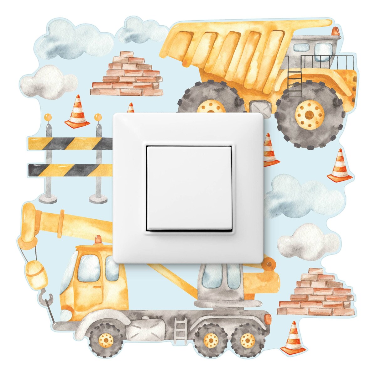 Naklejka Pod Włącznik Do Pokoju Chłopca Chmurki Maszyny Wywrotki Styl Boho 20x20cm