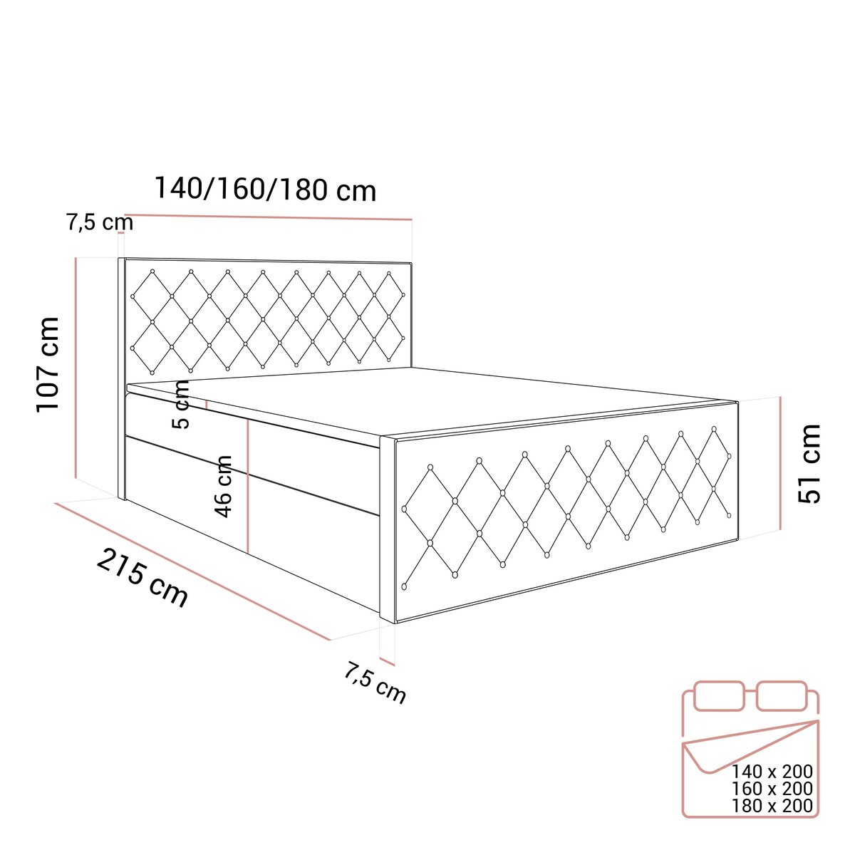 Łóżko kontynentalne INEZ II, pojemnik na pościel, 180x200, Royal Velvet 196, topper