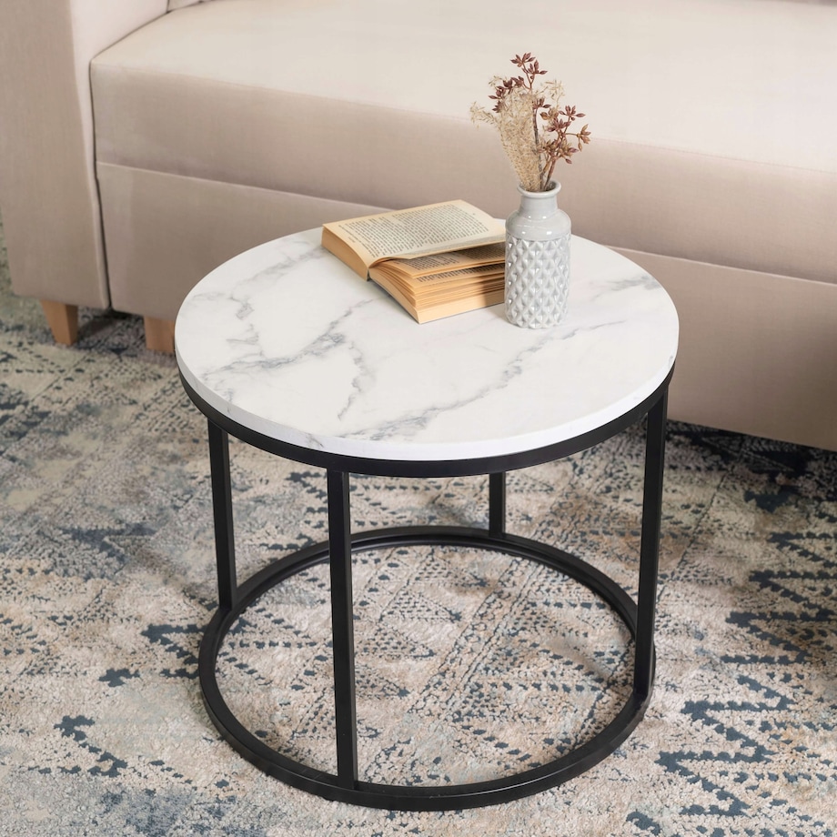 Stolik Kawowy Okrągły Glamour Biały Marmur Czarny CONNY