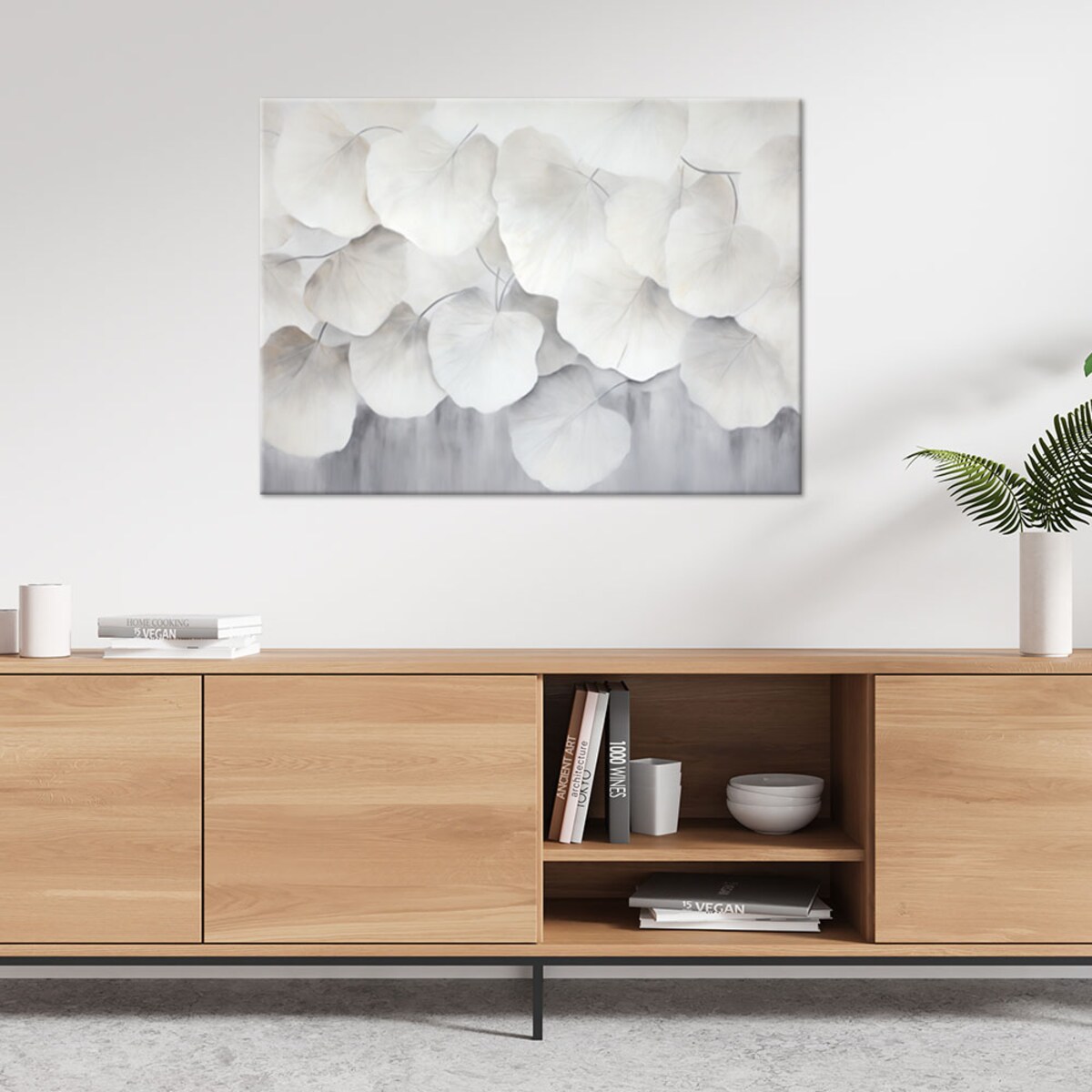 Modny Obraz do salonu sypialni na ścianę Beżowo białe liście miłorzębu natura beton boho 120x80