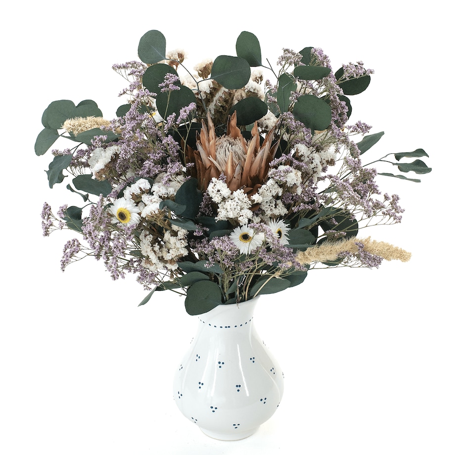 Bukiet suszonych kwiatów Perle premium - protea, zatrwian, eukaliptus