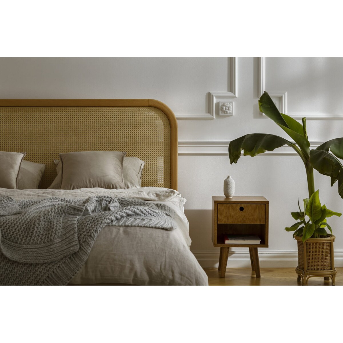 Łóżko Japandi (160X200) z pojemnikiem na pościel w tkaninie Tierra 02