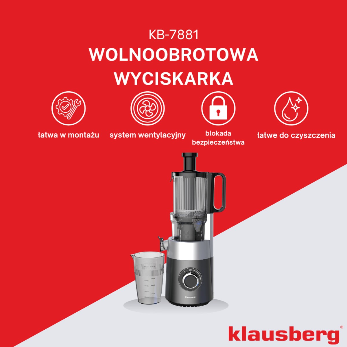 Sokowirówka wolnoobrotowa 180W do owoców i warzyw COLD PRESS KLAUSBERG KB-7881