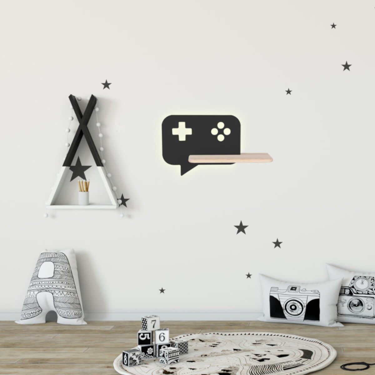 Dziecięca LAMPA ścienna CONSOLE 21-75628 Candellux drewniana OPRAWA półka LED 5W 4000K kinkiet czarny drewno