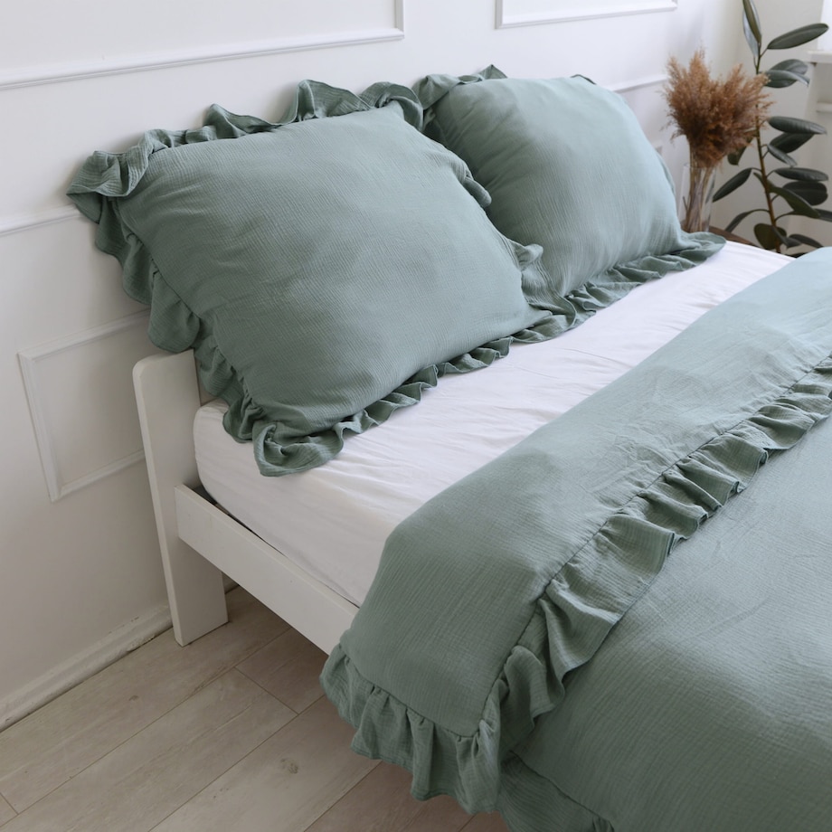 Pościel Muślinowa Z Falbanką Komplet Zestaw Do Sypialni Boho Zieleń Dziecięca 140X200 Cm + Poduszka 70X80 Cm