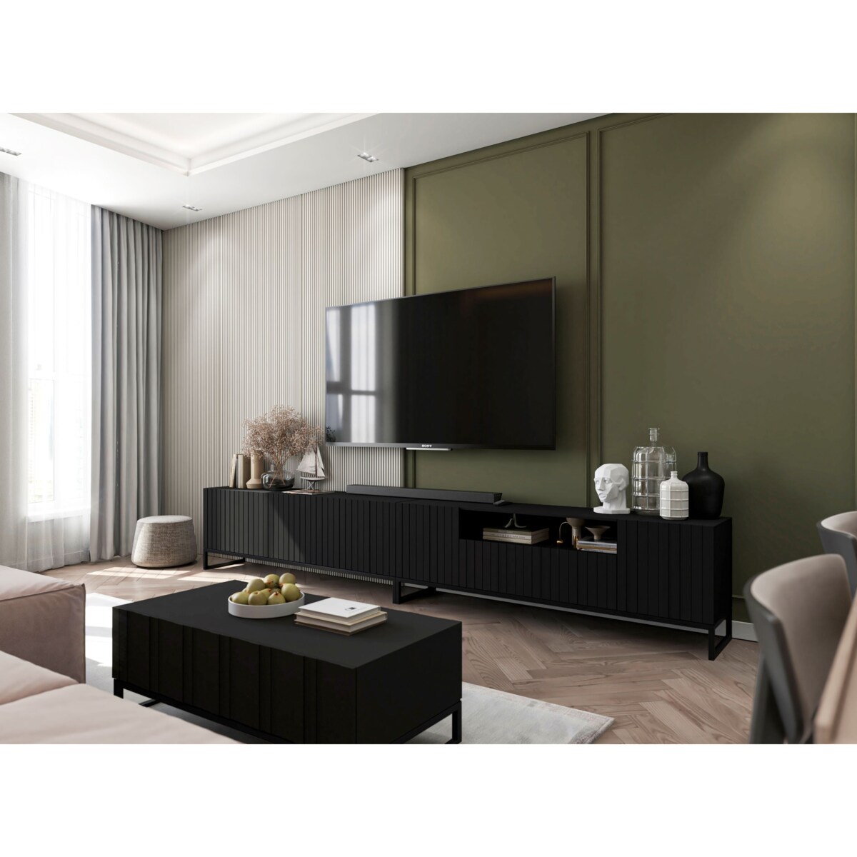 Szafka RTV Czarny Mat Nowoczesna Komoda RTV Loft Ryflowane Fronty Glamour 150 cm