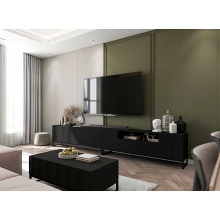 Szafka RTV Czarny Mat Nowoczesna Komoda RTV Loft Ryflowane Fronty Glamour 150 cm