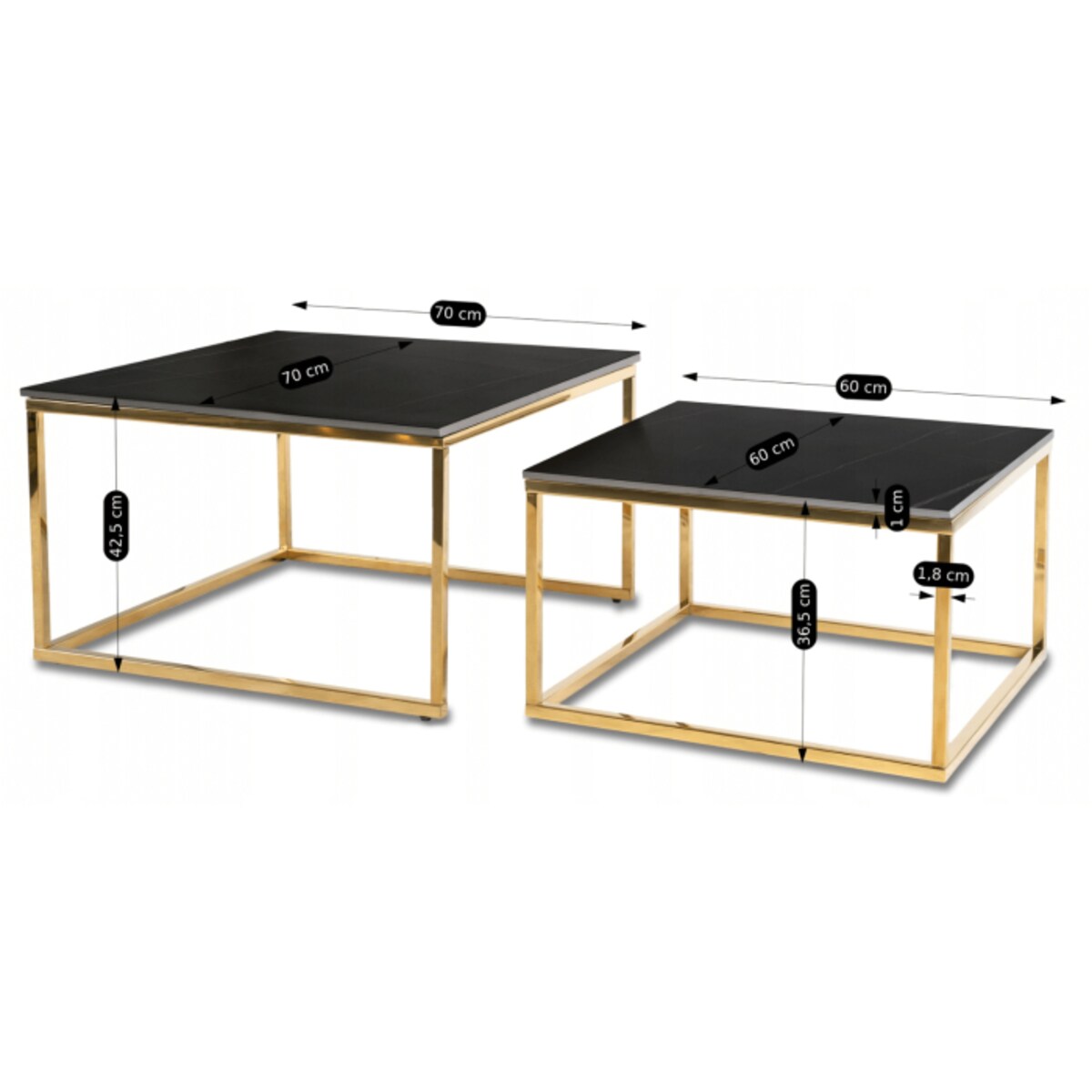 Stolik Kawowy Kwadratowy Zestaw 2w1 Ława Glamour Czarny Marmur Złoty TENOR