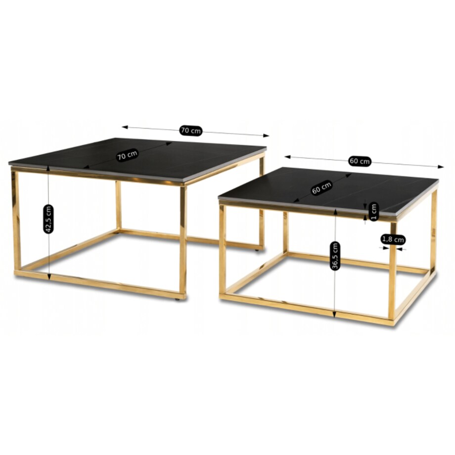 Stolik Kawowy Kwadratowy Zestaw 2w1 Ława Glamour Czarny Marmur Złoty TENOR