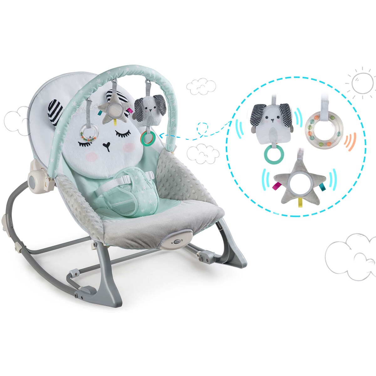 Multifunkcyjny leżaczek bujaczek dla niemowląt kołyska z wibracjami i zabawkami Nukido szaro-miętowy