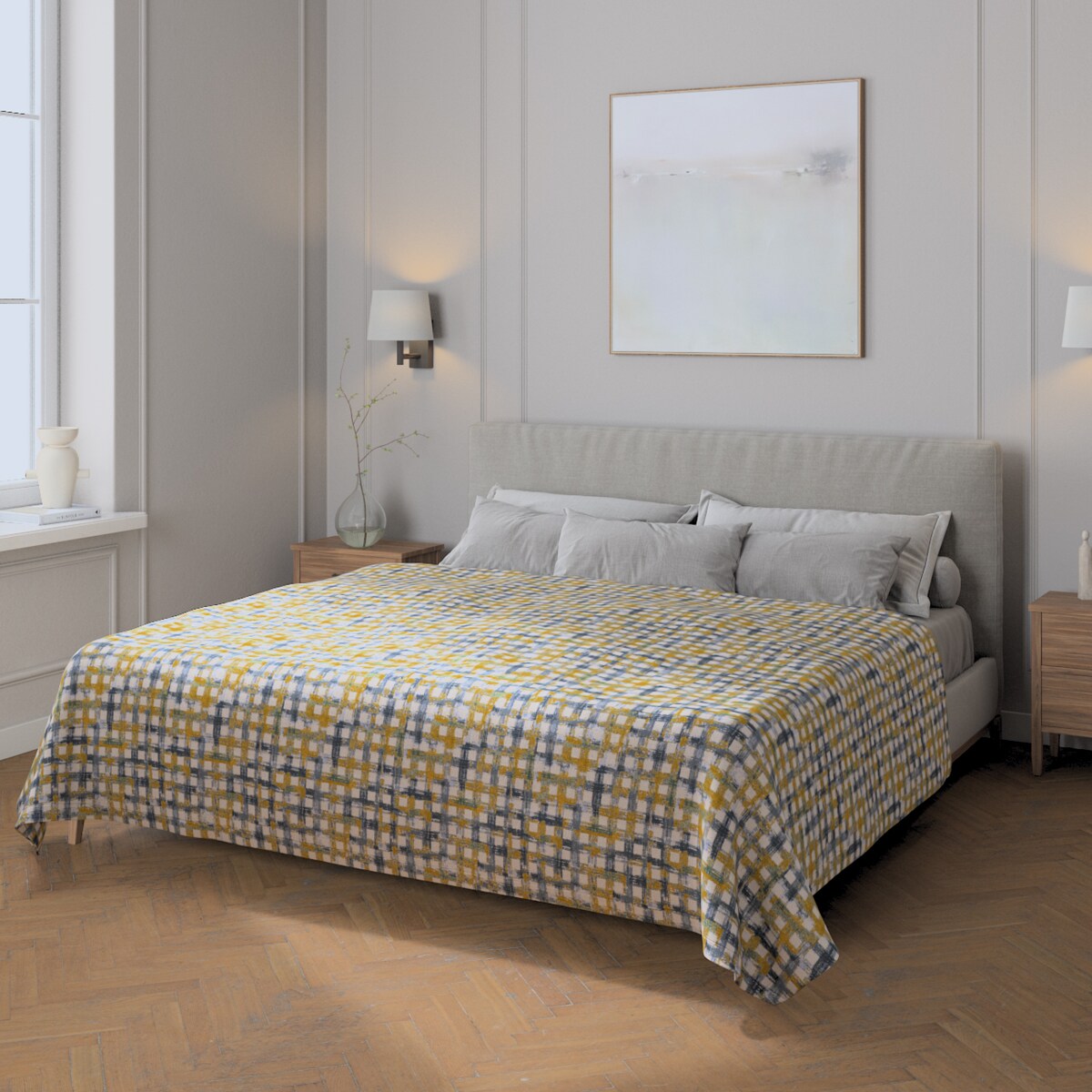 Pled narzuta 220x260cm 220x260 niebiesko-żółta krata na kremowym tle