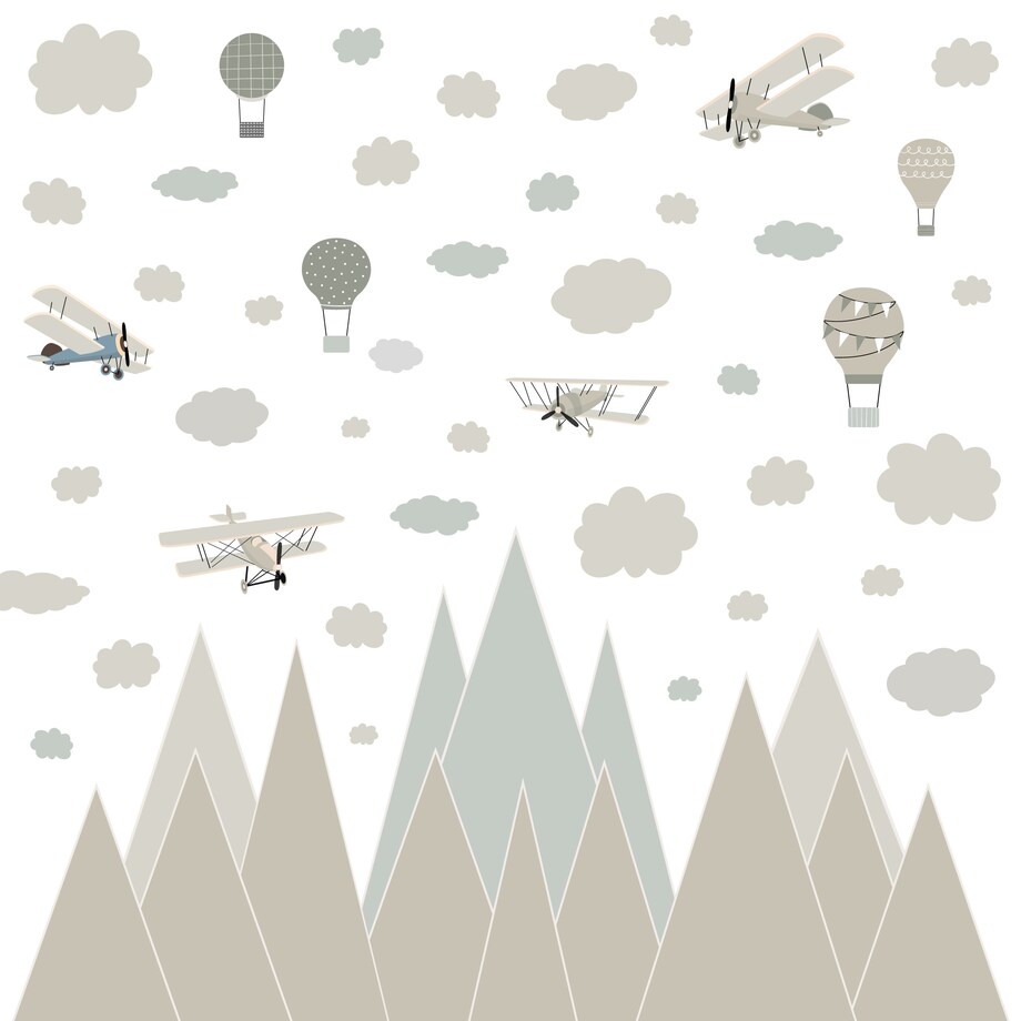 NAKLEJKI ŚCIENNE DLA DZIECI BEŻOWE GÓRY SAMOLOTY BALONY RETRO ZESTAW