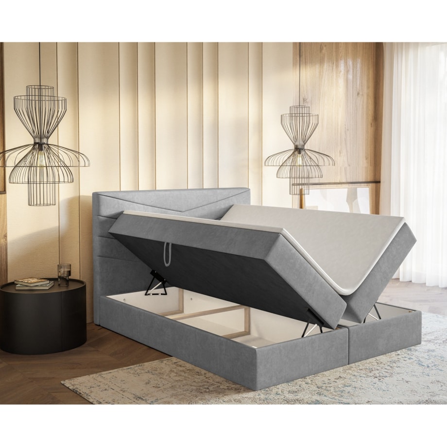 Łóżko kontynentalne G6 do sypialni 140x200 z pojemnikiem i materacem- szare