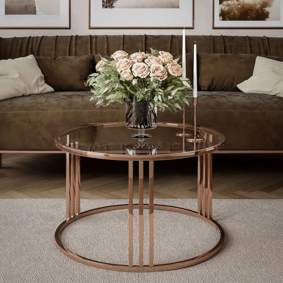 Okrągły stolik kawowy LORI GLASS z miedzianym stelażem, przezroczyste szkło